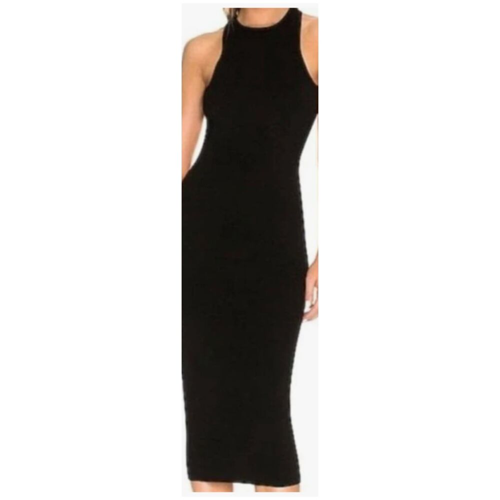 Le Ore Bandier Ribbed Knit Open Back Midi Dress Black Size XS New